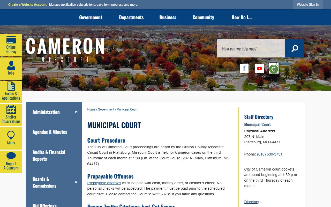 Cameron Municipal Court page with Clinton County Case.net payment directions