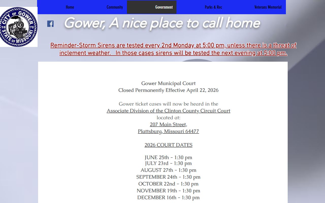 Gower Municipal Court closure notice routing tickets to Clinton County Associate Division