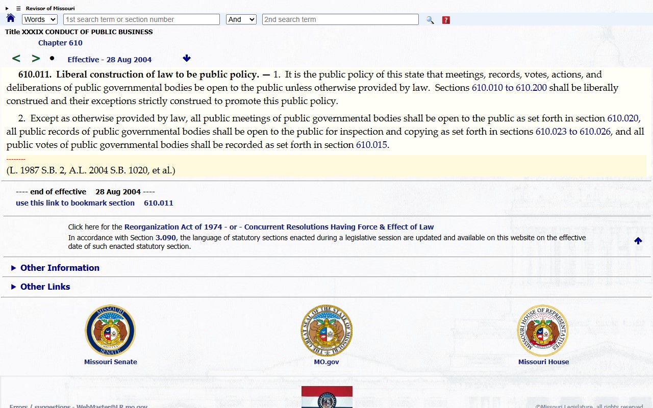 Missouri Sunshine Law policy statute page for public records access