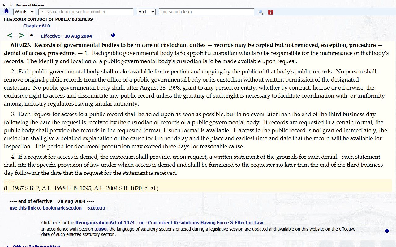 Missouri public records custodian statute used for records request context