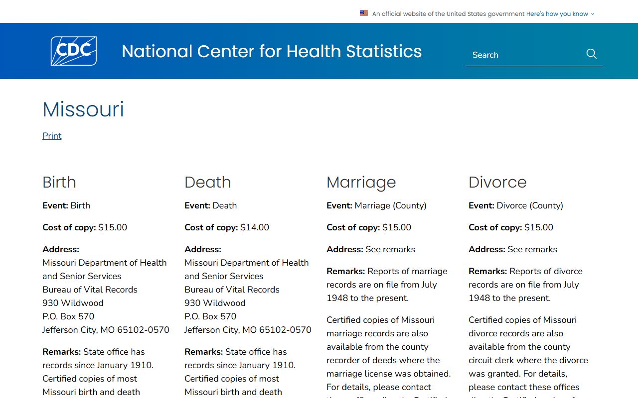 Clinton County marriage divorce records CDC Missouri vital records guidance