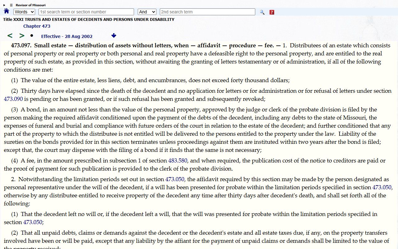 Clinton County probate records Missouri small estate statute